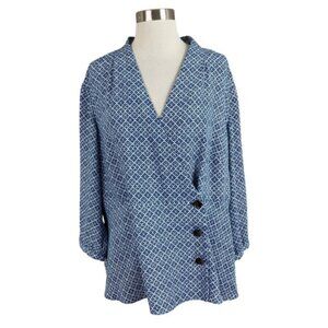 J. Jill Wearever Easy Care 2X Blue White Faux Wrap Surplice Shirt Career Office